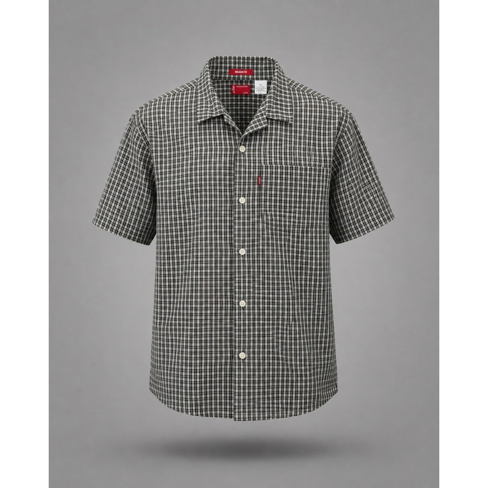 Levis Mens Relaxed Fit Plaid Short Sleeve Button Up Shirt Black White Large 2002